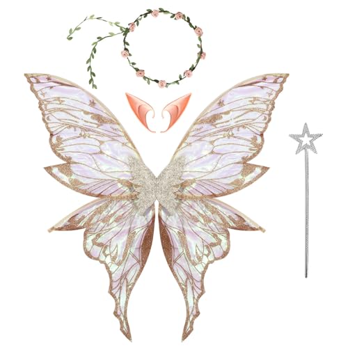 MSemis Fee Kostüm Set Fee glitzernde Schmetterlingsflügel Blumengirlande Zauberstab & Elfenohren für Cosplay Party Gold One Size MSemis Fee Kostüm Set Fee glitzernde Schmetterlingsflügel Blumengirlande Zauberstab & Elfenohren für Cosplay Party Gold One Size von MSemis