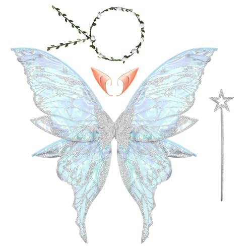 MSemis Fee Kostüm Set Fee glitzernde Schmetterlingsflügel Blumengirlande Zauberstab & Elfenohren für Cosplay Party Silber One Size MSemis Fee Kostüm Set Fee glitzernde Schmetterlingsflügel Blumengirlande Zauberstab & Elfenohren für Cosplay Party Silber One Size von MSemis