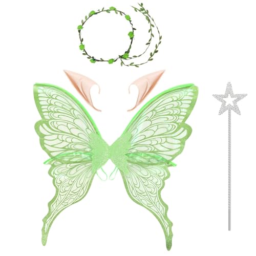 MSemis Feenflügel-Set für Erwachsene, Schmetterlingsflügel, Blumenkrone mit Elfenohren, Feenzauberstab für Halloween-Cosplay Grünes Set Einheitsgröße von MSemis