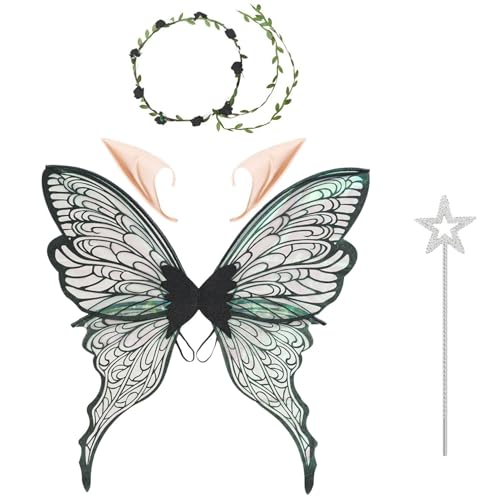 MSemis Feenflügel-Set für Erwachsene, Schmetterlingsflügel, Blumenkrone mit Elfenohren, Feenzauberstab für Halloween-Cosplay Schwarzes Set Einheitsgröße von MSemis