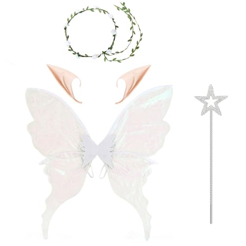 MSemis Feenflügel-Set für Erwachsene, Schmetterlingsflügel, Blumenkrone mit Elfenohren, Feenzauberstab für Halloween-Cosplay Weißes Set Einheitsgröße MSemis Feenflügel-Set für Erwachsene, Schmetterlingsflügel, Blumenkrone mit Elfenohren, Feenzauberstab für Halloween-Cosplay Weißes Set Einheitsgröße von MSemis