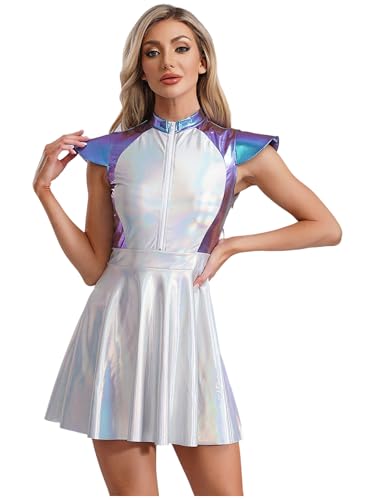 MSemis Frauen Halloween Alien Cosplay Kostüm A-line Metallic Kleid Holograpfisch Minikleid Faltenkleid Karneval Fasching Blau 4XL MSemis Frauen Halloween Alien Cosplay Kostüm A-line Metallic Kleid Holograpfisch Minikleid Faltenkleid Karneval Fasching Blau 4XL von MSemis