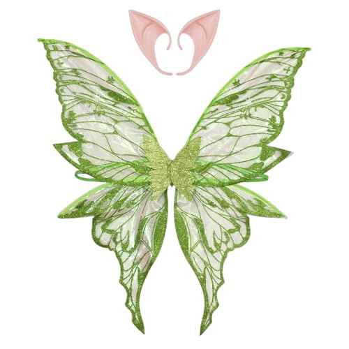 MSemis Glänzende Schmetterlingsflügel mit Elfenohren Halloween Kostüm Engelsflügel für Frauen Mädchen Grün One Size von MSemis