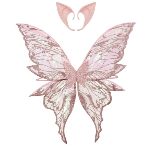 MSemis Glänzende Schmetterlingsflügel mit Elfenohren Halloween Kostüm Engelsflügel für Frauen Mädchen Rosa One Size MSemis Glänzende Schmetterlingsflügel mit Elfenohren Halloween Kostüm Engelsflügel für Frauen Mädchen Rosa One Size von MSemis