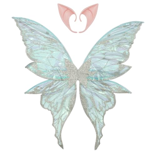 MSemis Glänzende Schmetterlingsflügel mit Elfenohren Halloween Kostüm Engelsflügel für Frauen Mädchen Silber One Size MSemis Glänzende Schmetterlingsflügel mit Elfenohren Halloween Kostüm Engelsflügel für Frauen Mädchen Silber One Size von MSemis