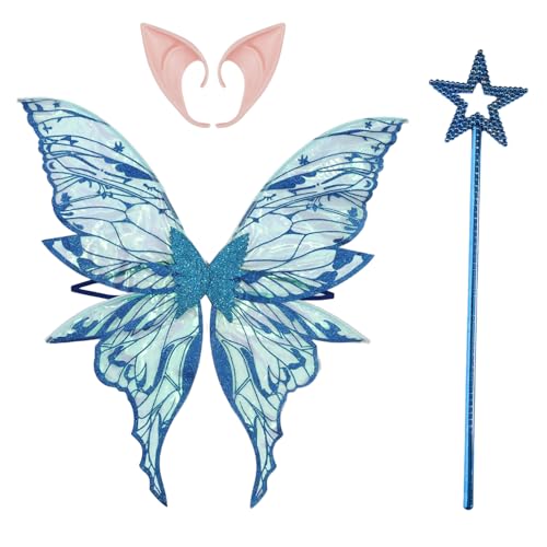 MSemis Glittery Sheer Fairy Schmetterlingsflügel mit Elfenohren Fairy Stick Halloween Kostüm Engelsflügel Blau und Marineblau One Size MSemis Glittery Sheer Fairy Schmetterlingsflügel mit Elfenohren Fairy Stick Halloween Kostüm Engelsflügel Blau und Marineblau One Size von MSemis