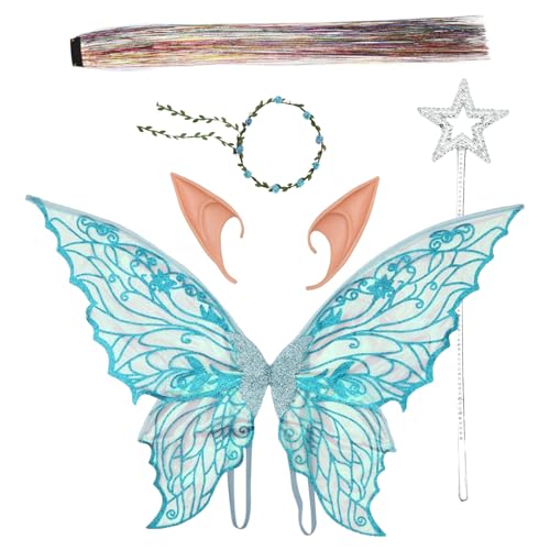 MSemis Glitzernde Schmetterlingsflügel Blumenkranz Haarglitzer Und Elfenohren Sternenzauberstab Für Halloween Party Blau Einheitsgröße von MSemis