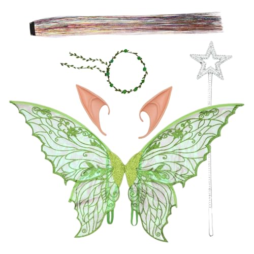 MSemis Glitzernde Schmetterlingsflügel Blumenkranz Haarglitzer Und Elfenohren Sternenzauberstab Für Halloween Party Grün Einheitsgröße von MSemis