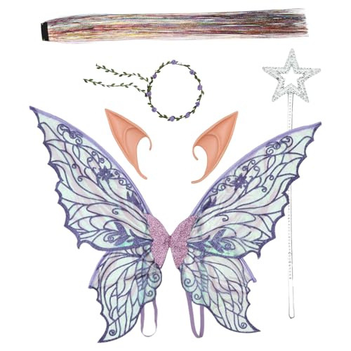 MSemis Glitzernde Schmetterlingsflügel Blumenkranz Haarglitzer Und Elfenohren Sternenzauberstab Für Halloween Party Lila Einheitsgröße von MSemis