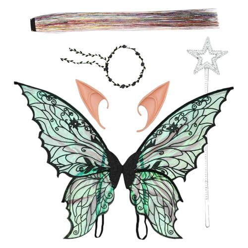 MSemis Glitzernde Schmetterlingsflügel Blumenkranz Haarglitzer Und Elfenohren Sternenzauberstab Für Halloween Party Schwarz Einheitsgröße von MSemis
