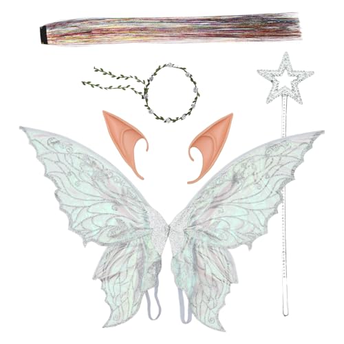 MSemis Glitzernde Schmetterlingsflügel Blumenkranz Haarglitzer Und Elfenohren Sternenzauberstab Für Halloween Party Silber Einheitsgröße von MSemis