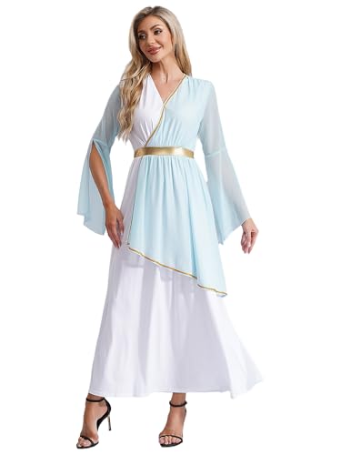 MSemis Griechische Göttin Kostüm für Damen Altgriechisches Römische Königin Prinzessin Toga-Kleid Kostüm Halloween Karneval Fasching Mottoparty Hellblau 3XL von MSemis