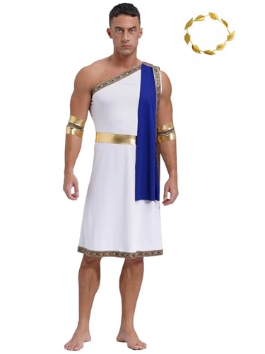 MSemis Griechischer Gott Kostüm Herren Antike Römische Toga Eine Schulter Gladiator kleid und Kopfbedeckung Halloween Fasching Blau L von MSemis
