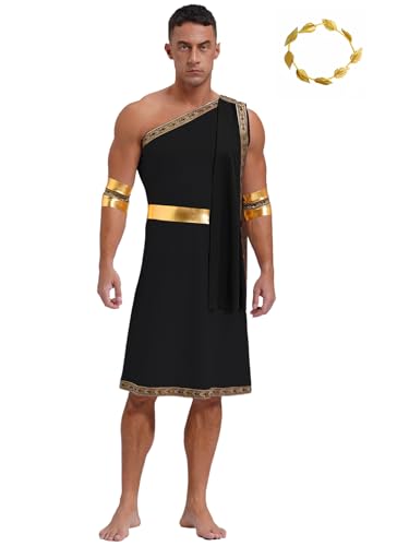 MSemis Griechischer Gott Kostüm Herren Antike Römische Toga Eine Schulter Gladiator kleid und Kopfbedeckung Halloween Fasching Schwarz XXL von MSemis