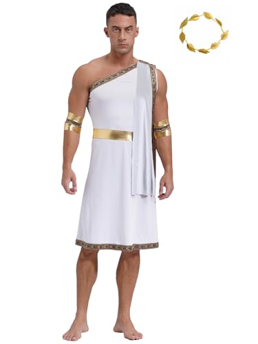 MSemis Griechischer Gott Kostüm Herren Antike Römische Toga Eine Schulter Gladiator kleid und Kopfbedeckung Halloween Fasching Weiß M von MSemis