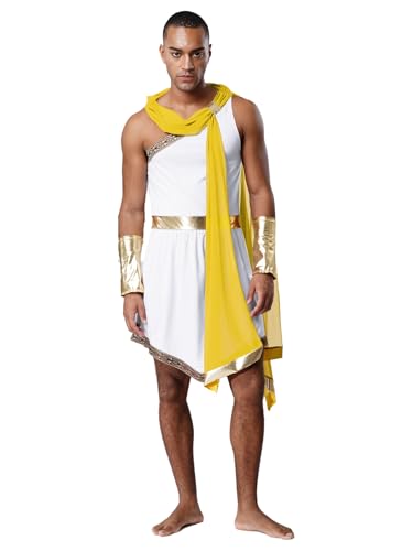 MSemis Griechisches Kostüm für Männer Antike Römische Toga Robe Gott mit Outfit Armbändern Cosplay König Prinz Gladiator Halloween Fasching Mottoparty Gelb XL von MSemis