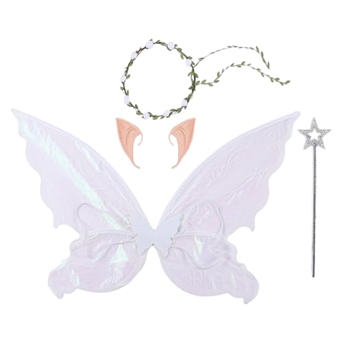 MSemis Halloween Engel Cosplay Set Feenflügel mit Spitzohren Zauberstab Kranz Glitter Schmetterling Engelsflügel Weihnachten Fee Cosplay Fasching Weiß Set One Size von MSemis
