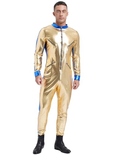 MSemis Herren Astronaut Kostüm Spaceman Overall Weltraum Raumfahrer Halloween Cosplay Erwachsene Glänzend Karneval Kostüm Gold XXL von MSemis
