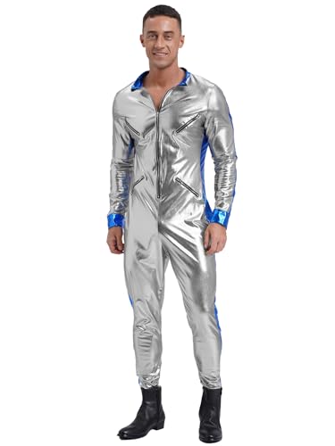 MSemis Herren Astronaut Kostüm Spaceman Overall Weltraum Raumfahrer Halloween Cosplay Erwachsene Glänzend Karneval Kostüm Silber XXL von MSemis