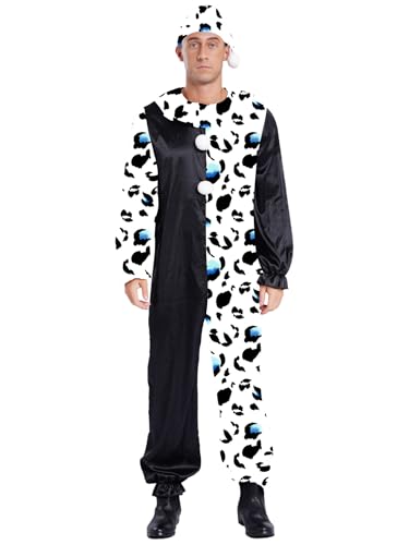 MSemis Herren Clown Overall Hut Halloween Kostüm Killer Clown Cosplay Jumpsuit Langarm Streifen Bommeln Karneval Fasching Rollenspiel Zirkus Kostüm von MSemis