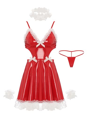 MSemis Herren Dienstmädchen Kostüm Kleid Lackleder Rückenfreies FranzösischKleid mit Tanga Sissy Lingerie Cosplay Outfits Rot XL von MSemis