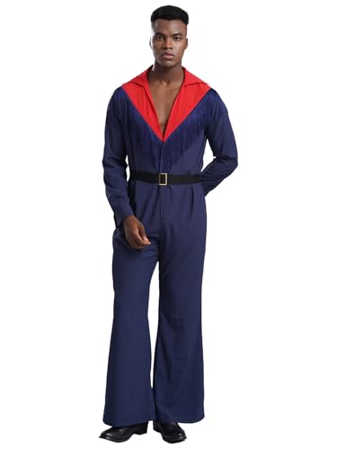 MSemis Herren Disco Kostüm Langarm Jumpsuit Kontrast Retro Tanzkostüm mit Gürtel 70er 80er Ganzanzug Faschingskostüm Rot M von MSemis
