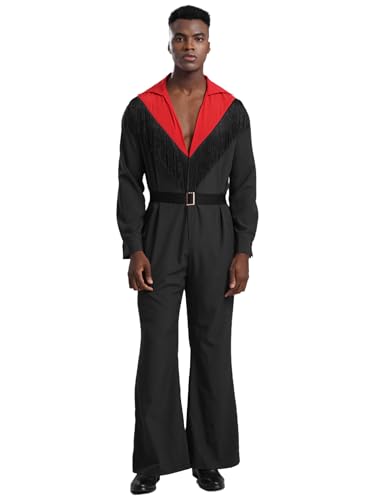 MSemis Herren Disco Kostüm Langarm Jumpsuit Kontrast Retro Tanzkostüm mit Gürtel 70er 80er Ganzanzug Faschingskostüm Schwarz XXL von MSemis