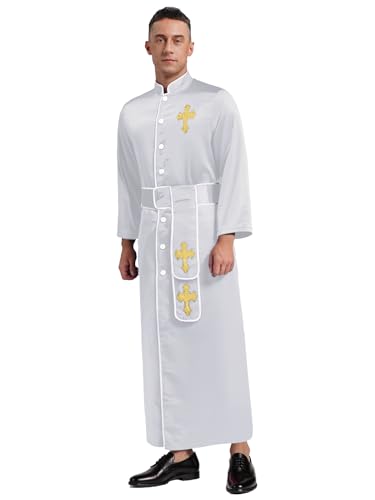 MSemis Herren Gewand für Kirchenpriester mit Gürtel Priesterkostüm Gebetskleidung Retro Kaftanmit Lang Muslimisches Gewand Islamische Dubai Tunika Abaya Kleider Weiß M von MSemis