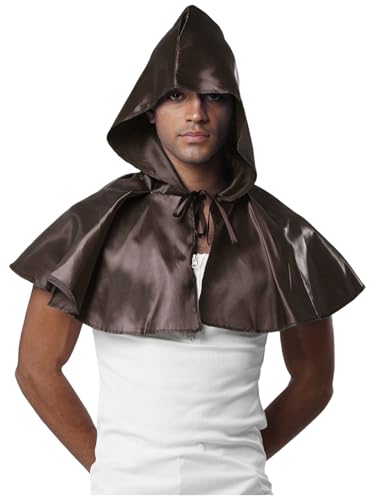 MSemis Herren-Halloween-Umhang mit kurze Kapuze Sensenmann-Vampir-Zauberer Kostüm Mittelalterlicher Ritter Kapuzenmantel Renaissance Festival Cape Karneval Kleidung Kaffee Einheitsgröße von MSemis