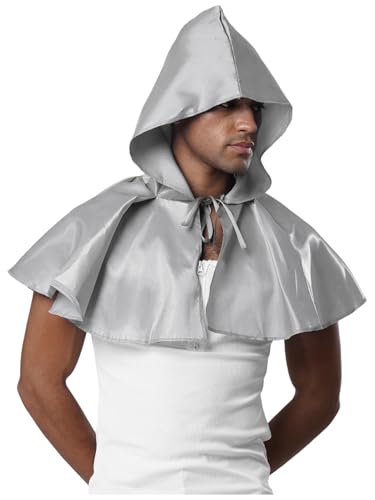 MSemis Herren-Halloween-Umhang mit kurze Kapuze Sensenmann-Vampir-Zauberer Kostüm Mittelalterlicher Ritter Kapuzenmantel Renaissance Festival Cape Karneval Kleidung Silber Einheitsgröße von MSemis