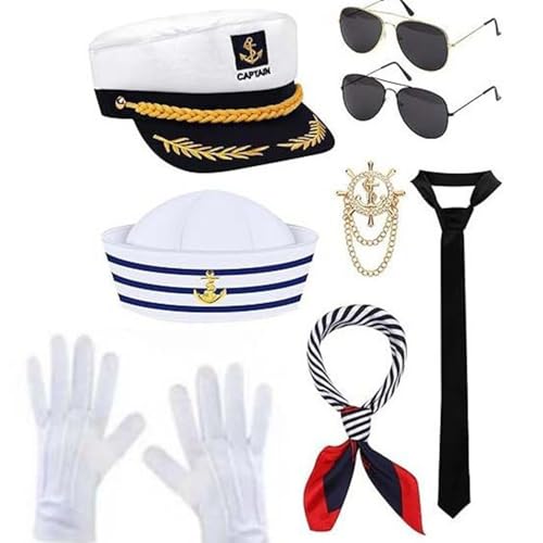 MSemis Herren Kapitän Kostüm Set Klassische Kapitän Matrosen Mütze Schulter Epaulette Sonnenbrille Krawatte Marine Matrosen Cosplay Zubehör Typ C One Size MSemis Herren Kapitän Kostüm Set Klassische Kapitän Matrosen Mütze Schulter Epaulette Sonnenbrille Krawatte Marine Matrosen Cosplay Zubehör Typ C One Size von MSemis
