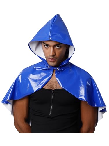 MSemis Herren Kapuzenmantel aus Lackleder Wetlook Umhang für Party Disco Club Steampunk Renaissance Mittelalter Kostüm mit Kapuze Cape Bolero Blau Einheitsgröße von MSemis