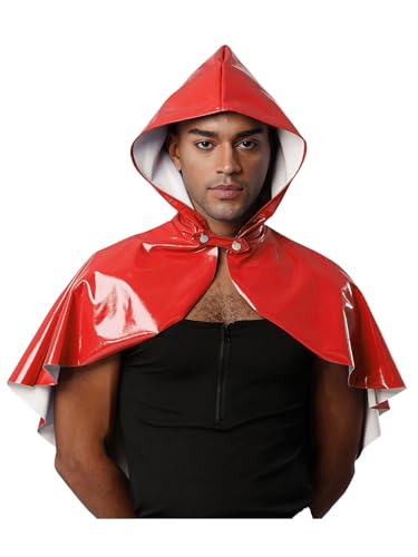 MSemis Herren Kapuzenmantel aus Lackleder Wetlook Umhang für Party Disco Club Steampunk Renaissance Mittelalter Kostüm mit Kapuze Cape Bolero Rot Einheitsgröße von MSemis