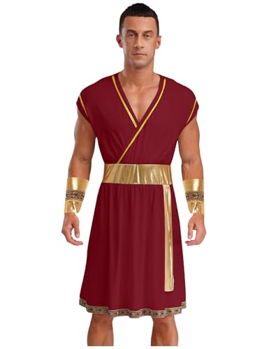 MSemis Herren Kostüm Antiken Griechenland Gott Zeus Toga Kleid Metallic mit Armbändern Robe Römisches Knight Warrior Fasching Halloween Outfits Burgundy M von MSemis