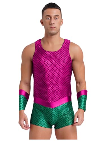 MSemis Herren Kostüm Halloween Meereskönig Ärmelloser Body mit Fischschuppen-Print mit Armstulpen Cosplay Karneval Rave Mottopartys Outfit Hot Pink M MSemis Herren Kostüm Halloween Meereskönig Ärmelloser Body mit Fischschuppen-Print mit Armstulpen Cosplay Karneval Rave Mottopartys Outfit Hot Pink M von MSemis