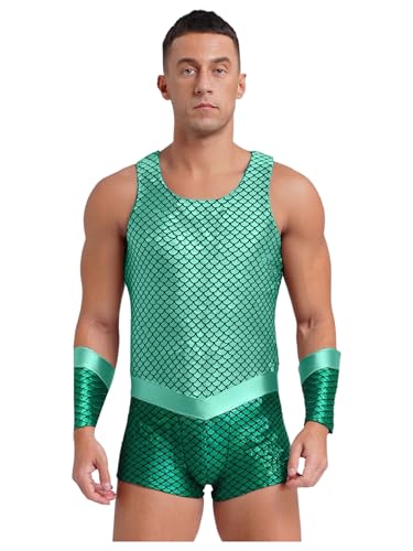MSemis Herren Kostüm Halloween Meereskönig Ärmelloser Body mit Fischschuppen-Print mit Armstulpen Cosplay Karneval Rave Mottopartys Outfit Minzgrün 3XL von MSemis
