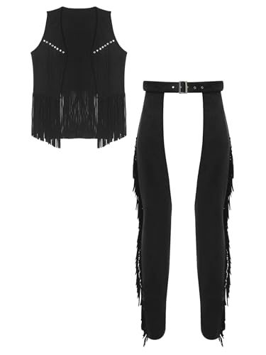 MSemis Herren Kostüm Western Cowboy Herrenjacke und Hollow Out Hose mit Hirschlederfransen Kostüme Kutscher Halloween Fasching Schwarz XL von MSemis