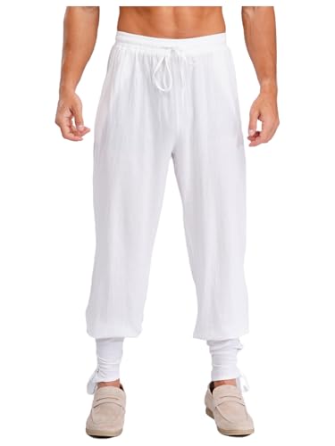 MSemis Herren Mittelalter Hose Lang Piratenhose Retro Renaissance Wikinger Kostüm Steampunk Freizeithose Weiß M von MSemis