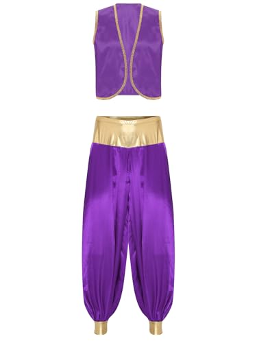 MSemis Herren Prinz Kostüm Arabischen Outfit Ärmellos Weste Tops+Hosen Indischen Kleidung Gothic Uniform Karneval Dunkelviolett & Dunkelviolett 4XL von MSemis