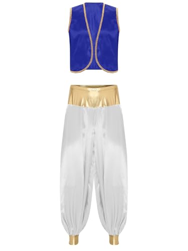 MSemis Herren Prinz Kostüm Arabischen Outfit Ärmellos Weste Tops+Hosen Indischen Kleidung Gothic Uniform Karneval Königsblau und Weiß 3XL MSemis Herren Prinz Kostüm Arabischen Outfit Ärmellos Weste Tops+Hosen Indischen Kleidung Gothic Uniform Karneval Königsblau und Weiß 3XL von MSemis