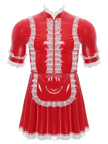 MSemis Herren Sissy Crossdresser Dienstmädchen Cosplay Kostüm Lackleder Unterwäsche Kurzarm Sissy Kleid Uniform Verkleidung Rot 3XL von MSemis