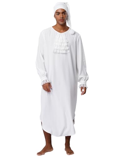 MSemis Herren Victorian Nightgown Christmas Carol Fancy Dress Nightshirt mit Schlafmütze Soft Loose Kaftan Thobe Lightweight für Halloween Weihnachten Elfenbein L von MSemis