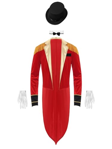 MSemis Herren Zirkus Zirkusdirektor Kostüm Set Langärmeliges Fransen Frack Jacke mit Hut Kragen Handschuhe Showman Kostüm Uniform Cosplay für Karneval Rot 3XL von MSemis