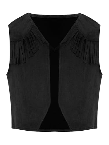 MSemis Jungen Mädchen Cowboy Weste Ärmellos Hippie Wildwest Jacket Retro-Stil Halloween Karneval Verkleidung Schwarz 122-128 von MSemis