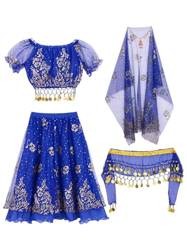 MSemis Kinder Mädchen Bauchtanz Halloween Kostüm Puffärmel Crop Top mit Rock Kopftuch und Kopfbedeckung Party Verkleidung Blau 92-98 von MSemis