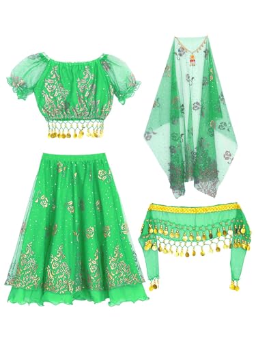MSemis Kinder Mädchen Bauchtanz Halloween Kostüm Puffärmel Crop Top mit Rock Kopftuch und Kopfbedeckung Party Verkleidung Grün 146-152 von MSemis