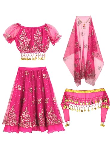 MSemis Kinder Mädchen Bauchtanz Halloween Kostüm Puffärmel Crop Top mit Rock Kopftuch und Kopfbedeckung Party Verkleidung Hot Pink 92-98 von MSemis