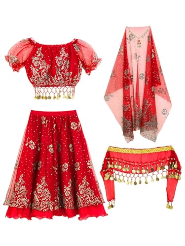 MSemis Kinder Mädchen Bauchtanz Halloween Kostüm Puffärmel Crop Top mit Rock Kopftuch und Kopfbedeckung Party Verkleidung Rot 134-140 von MSemis