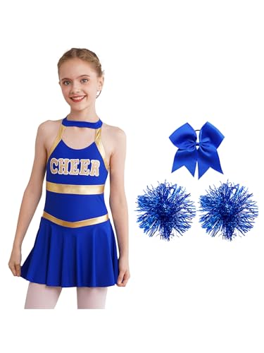 MSemis Kinder Mädchen Cheer Leader Cheerleading Kostüm Uniform Karneval Fasching Party Halloween Kostüm Kleid 2 Pompoms und Socken Bowknot B Königsblau D 146-152 von MSemis