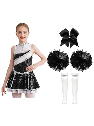 MSemis Kinder Mädchen Glänzende Cheerleading Kostüm Ärmellos Tanzkleid mit Pompoms Harrband Strümpfe Schulmädchen Uniform Karneval Fasching Ein Weiß&Schwarz 134-140 MSemis Kinder Mädchen Glänzende Cheerleading Kostüm Ärmellos Tanzkleid mit Pompoms Harrband Strümpfe Schulmädchen Uniform Karneval Fasching Ein Weiß&Schwarz 134-140 von MSemis